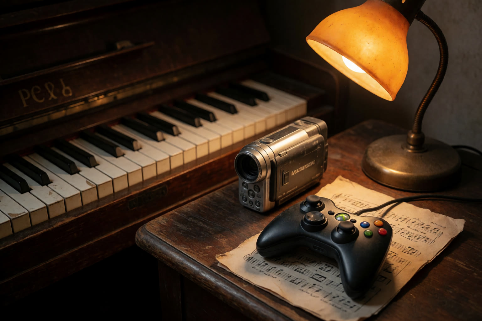 Still life of piano keys, an old camcorder, a game controller and handwritten sheet music under a warm lamp
