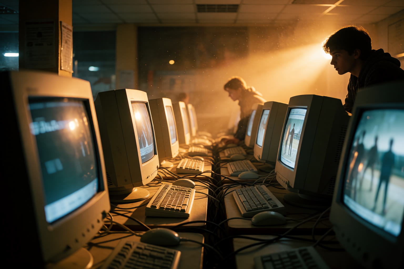 An early-2000s internet cafe at night, one screen glowing amber with a teenager absorbed in front of it