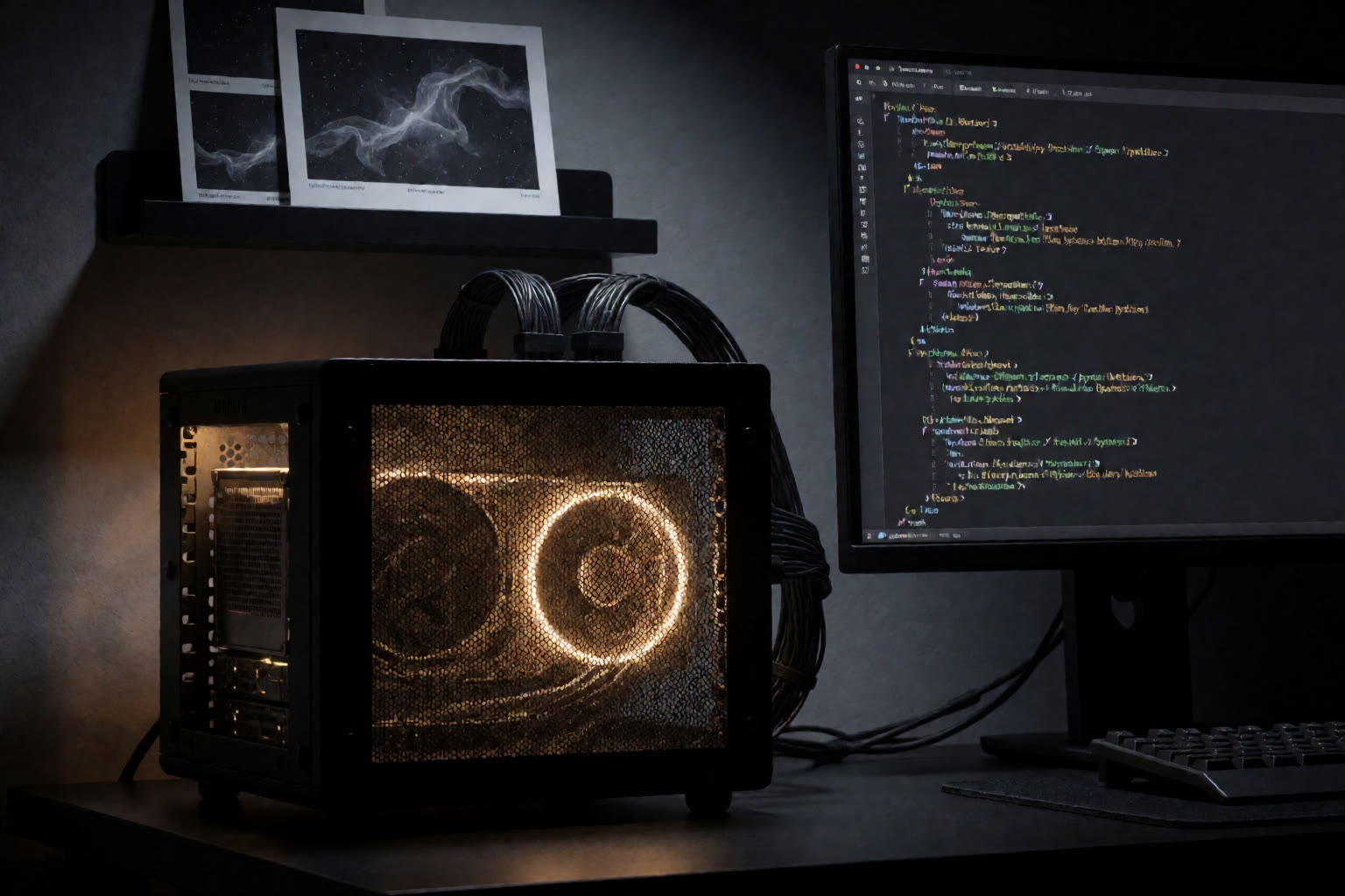 A home-lab server rack with a large GPU glowing amber beside a monitor of dense Python code