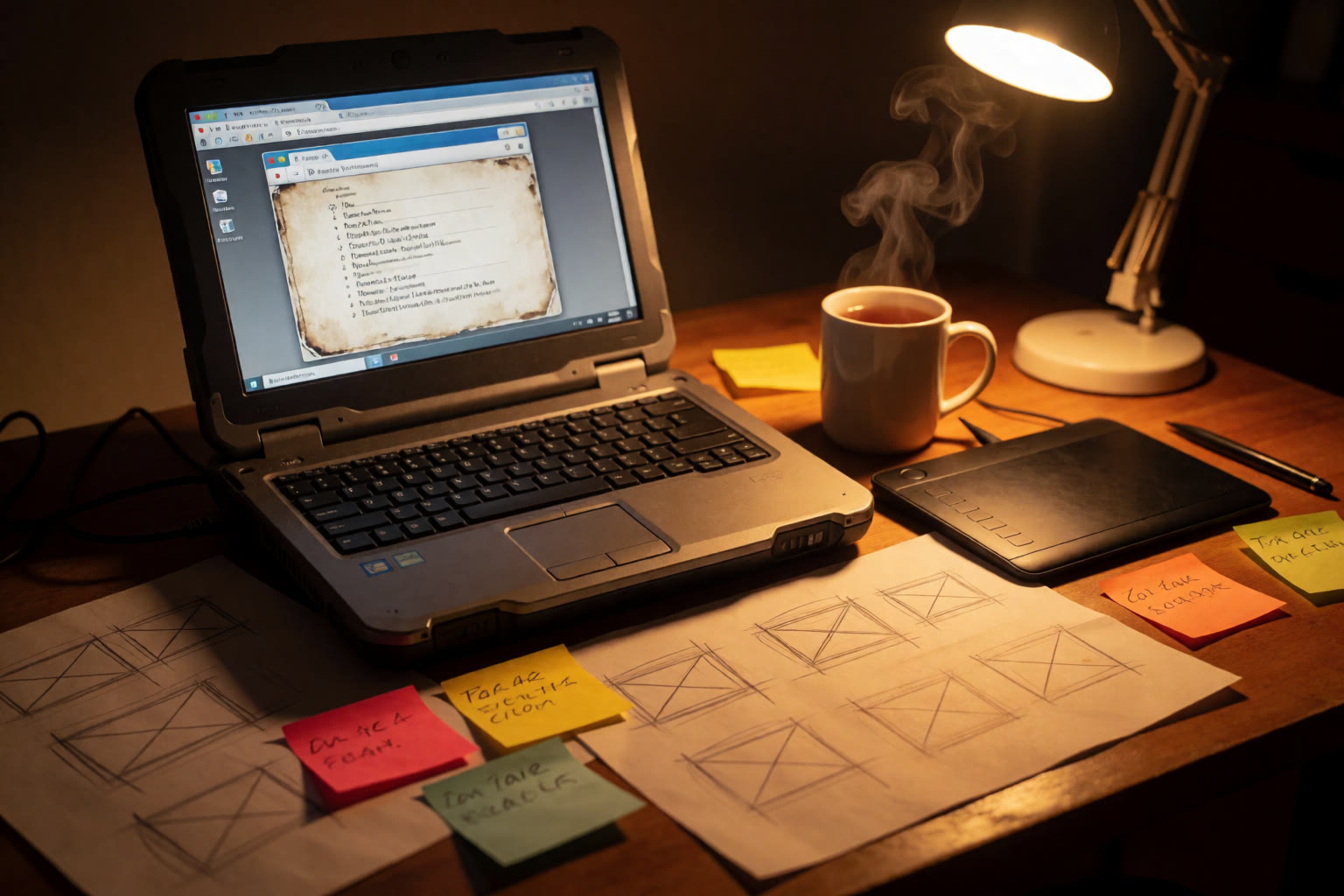 A 2010s web designer's desk at night with wireframe sketches, sticky notes and a laptop showing a browser window