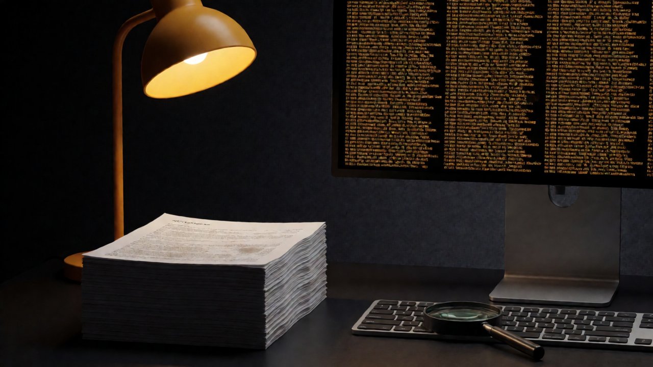 A dusty unopened stack of printed changelogs under a desk lamp beside a monitor full of binary diff output — the Cfx patch notes I wasn't reading