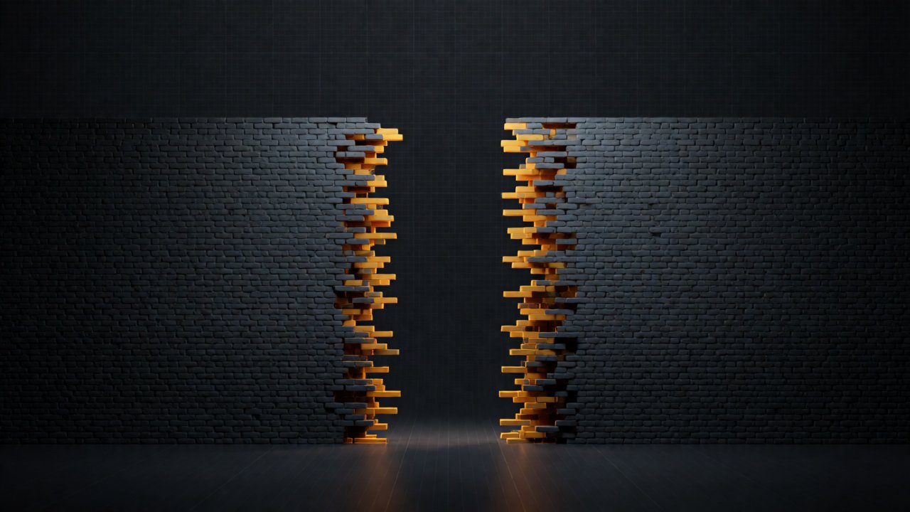 A brick wall with a gap cut through it, wireframe map geometry passing through while textures pile up blocked — the Enhanced asset-version wall