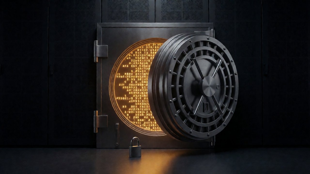 An open steel vault door with its lock missing and amber hex characters pouring out — FiveM Enhanced has no asset escrow