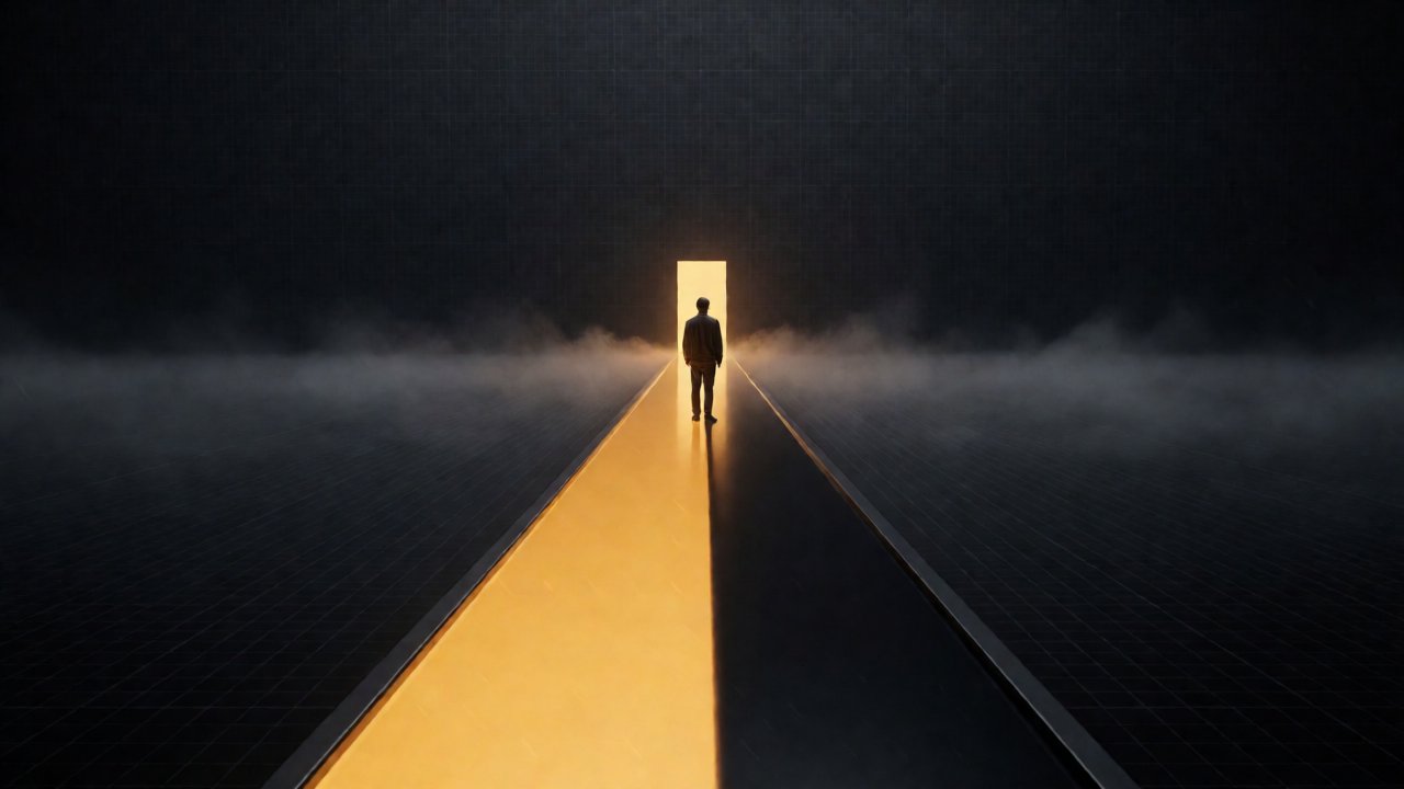 A lone figure standing on an endless frozen loading bar with a distant doorway of light — the FiveM Enhanced join tarpit