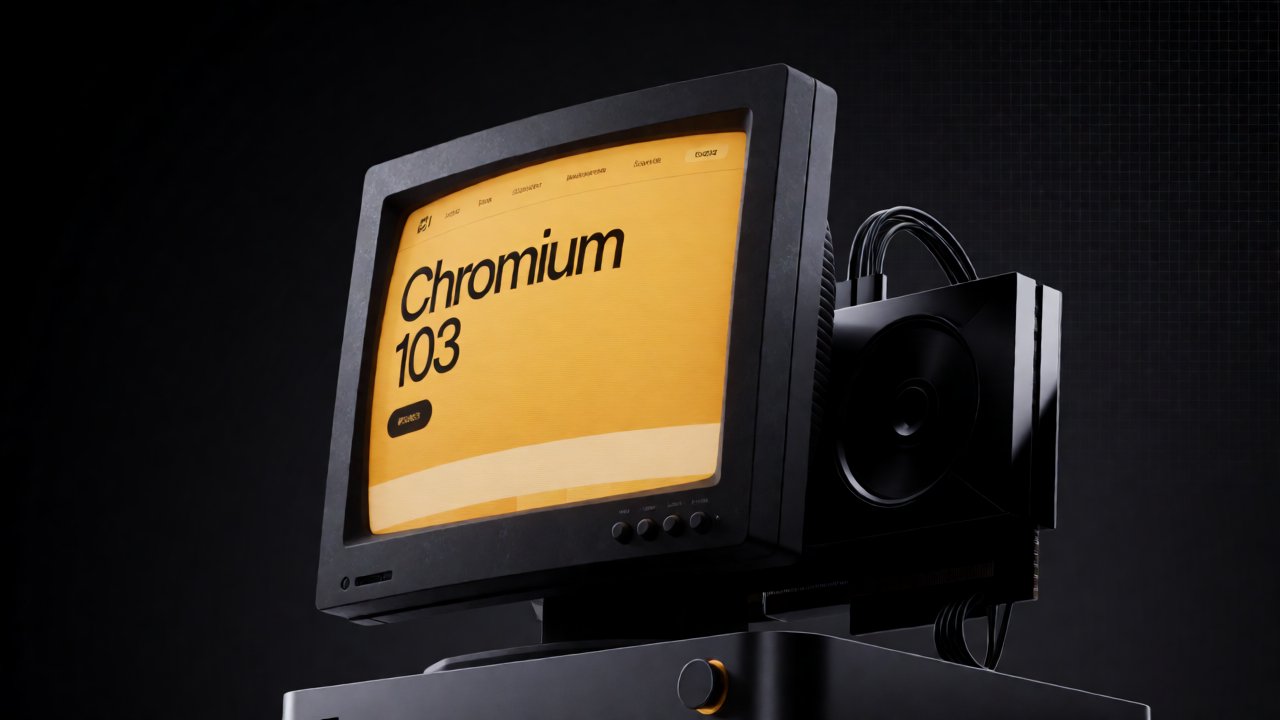 An old CRT monitor inside a modern dark gaming rig, its web page half missing — FiveM Enhanced NUI runs Chromium 103