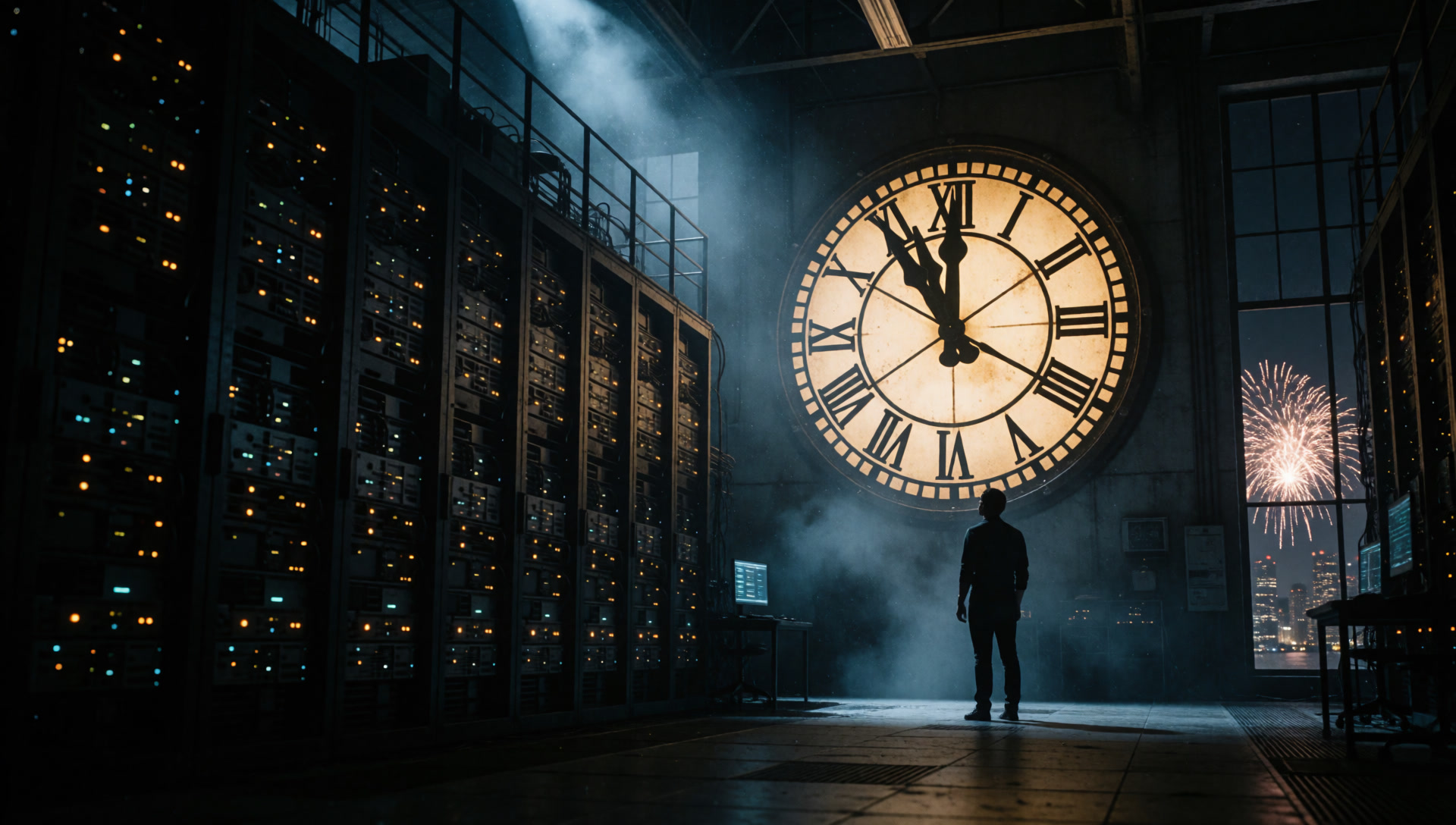 A developer silhouetted before a giant clock frozen at one minute to midnight in a dark server room while fireworks burst outside the window