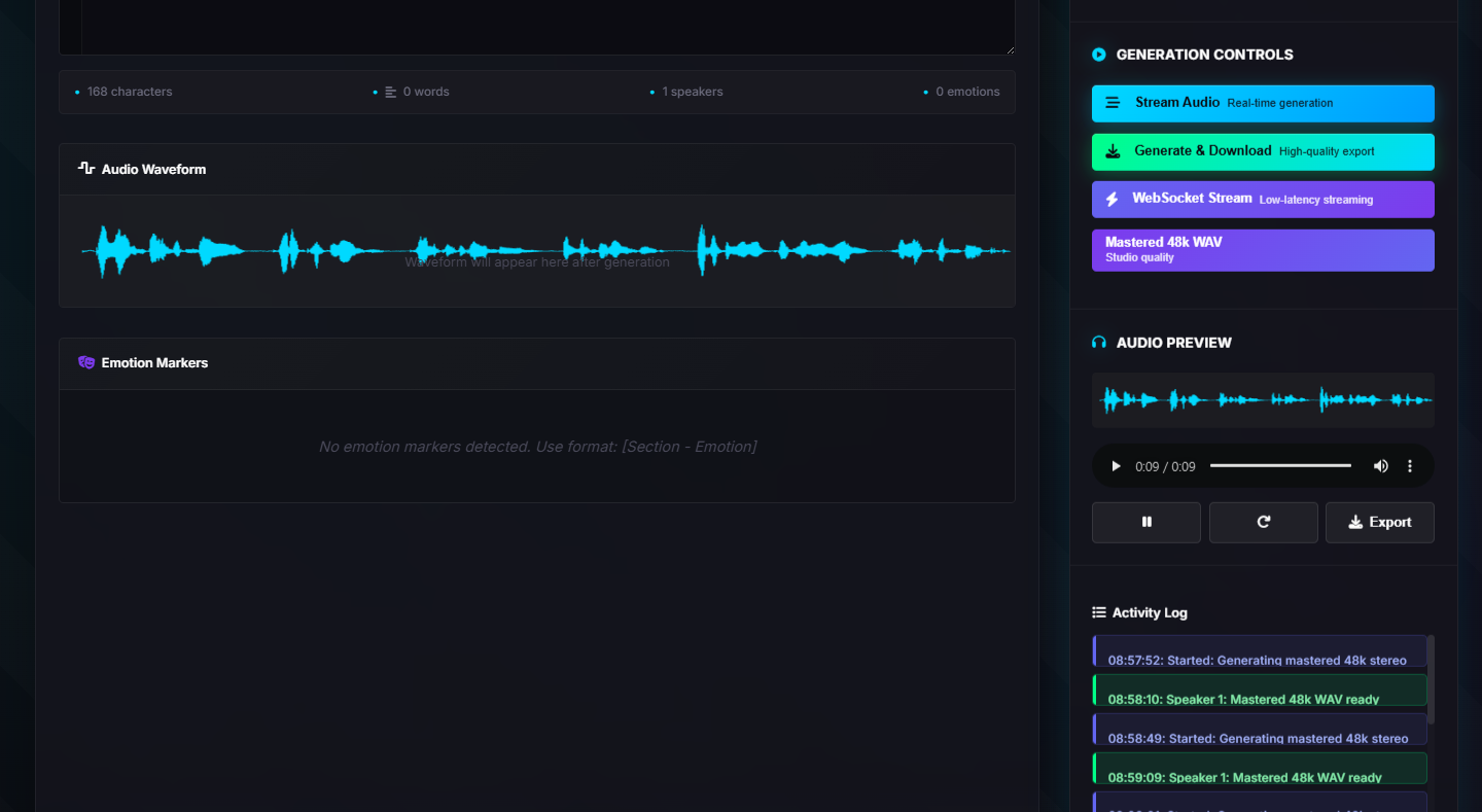 AJVV Studio generation controls, audio waveform, and activity log