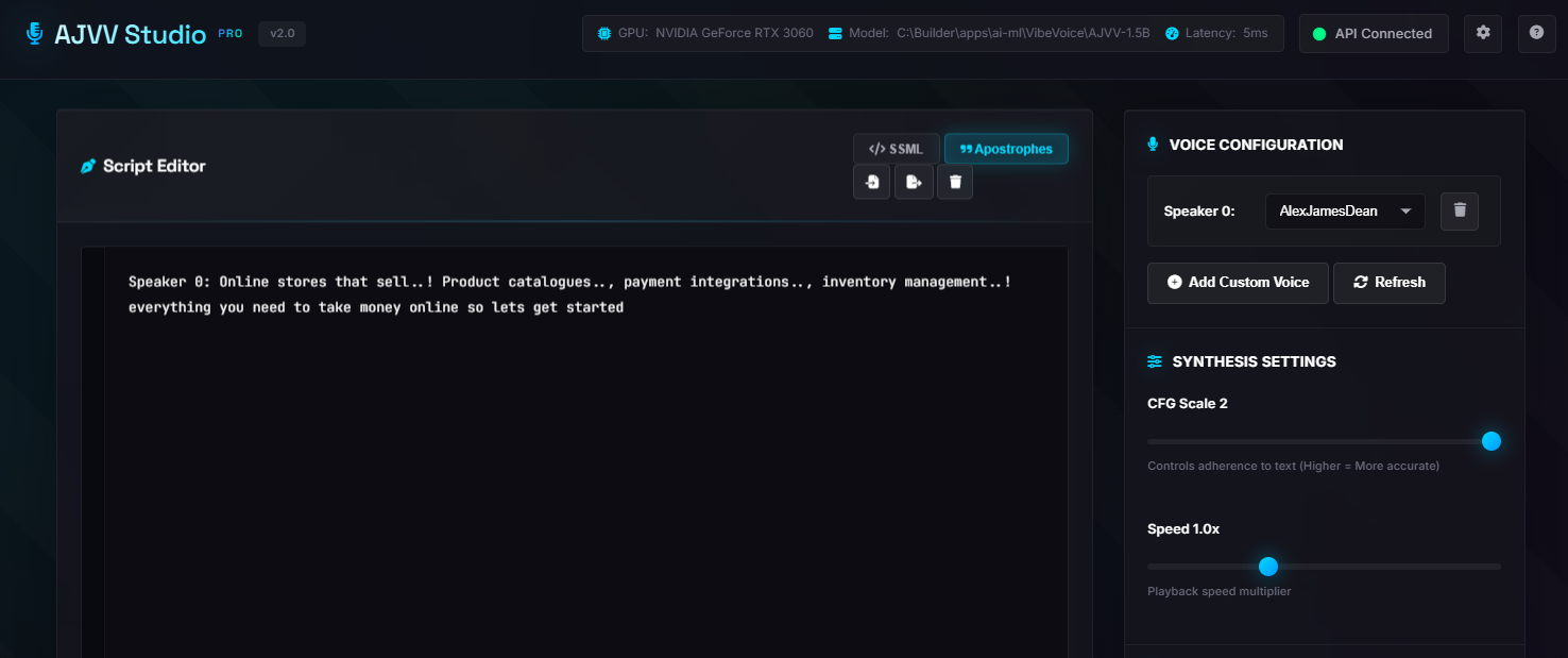 AJVV Studio Script Editor interface showing voice configuration and synthesis settings