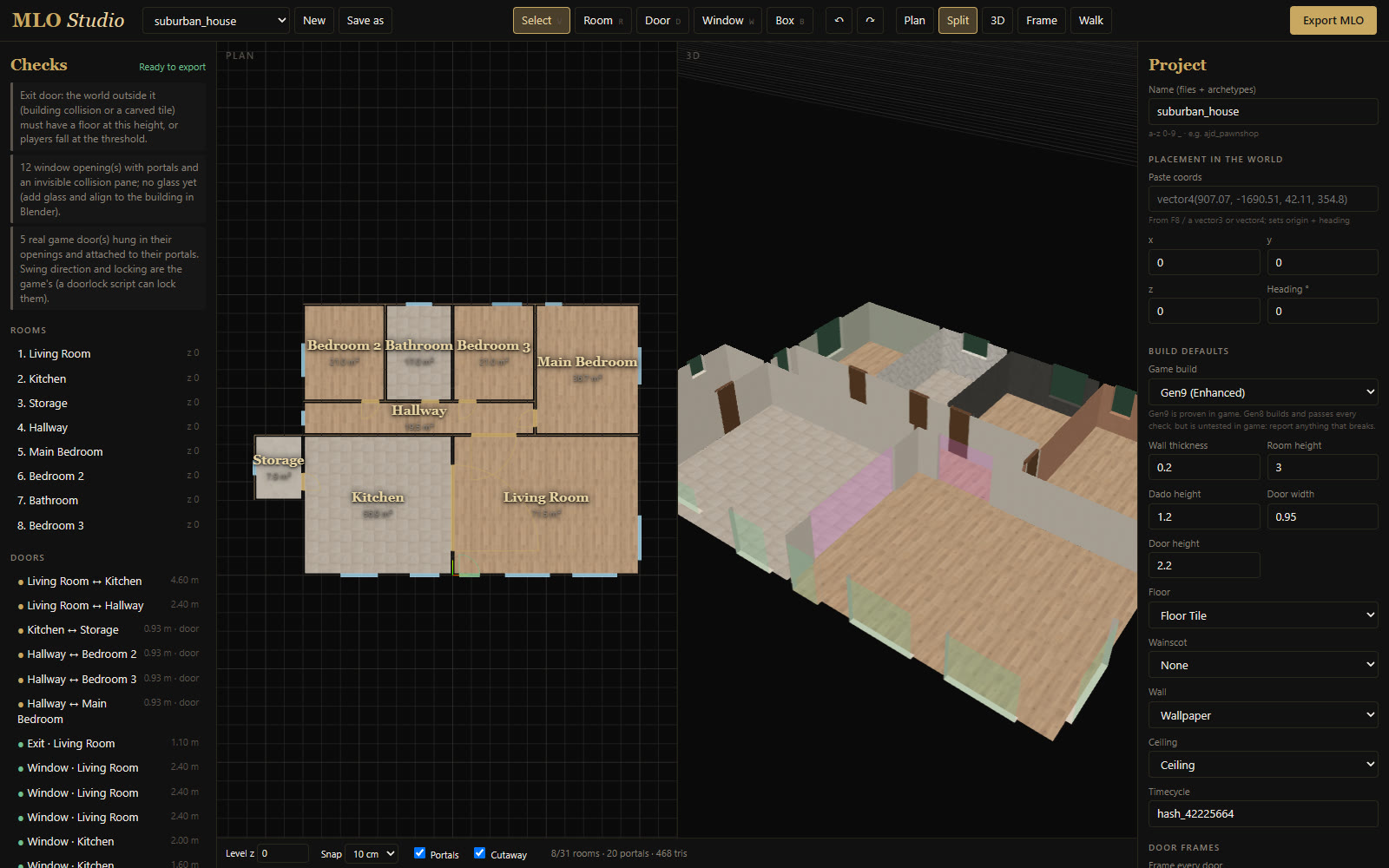 MLO Studio: an eight-room house drawn on the floor plan on the left and shown in 3D on the right, with the Checks panel reading Ready to export