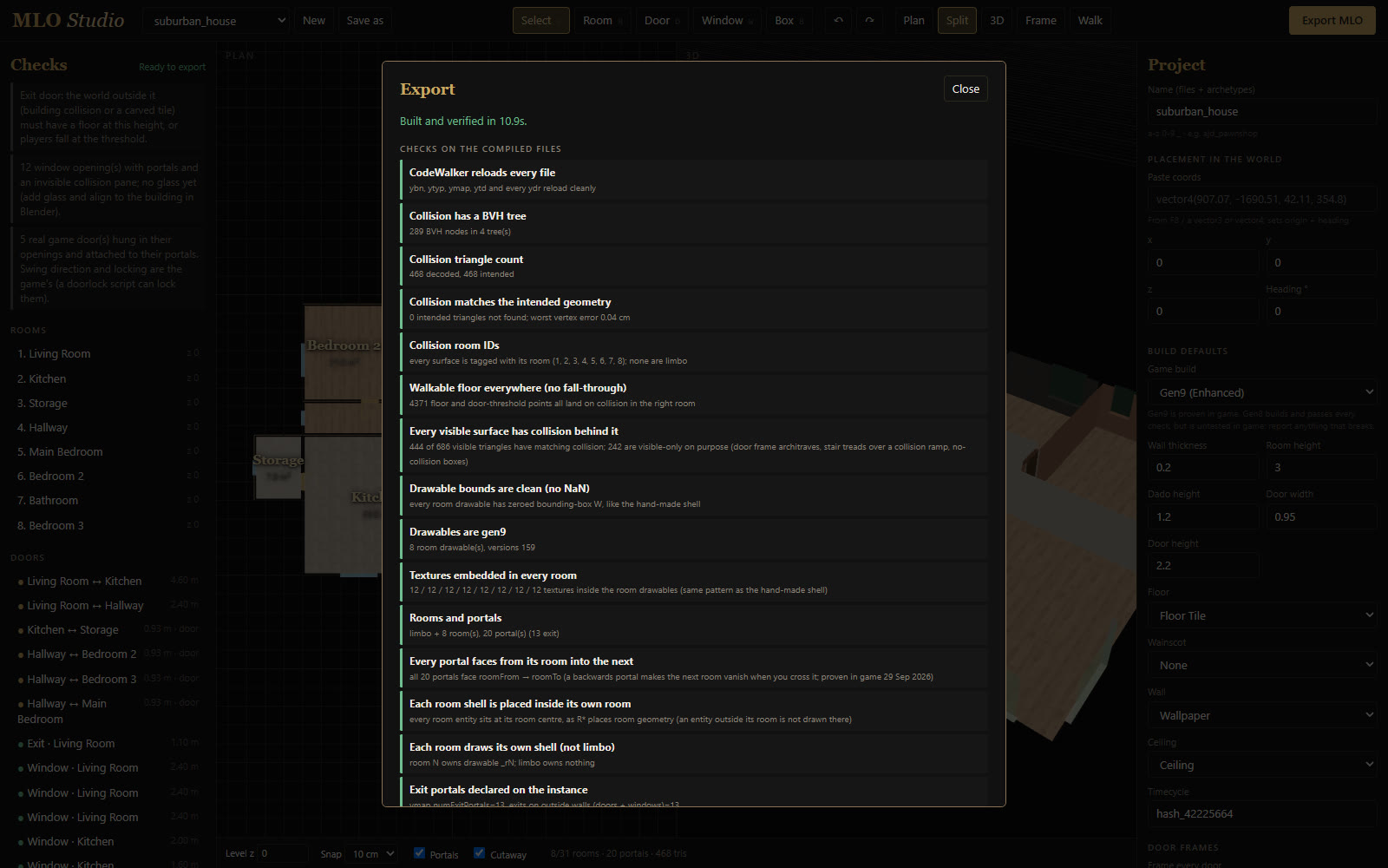 MLO Studio export dialog: Built and verified in 10.9 seconds, followed by a list of passed checks on the compiled files