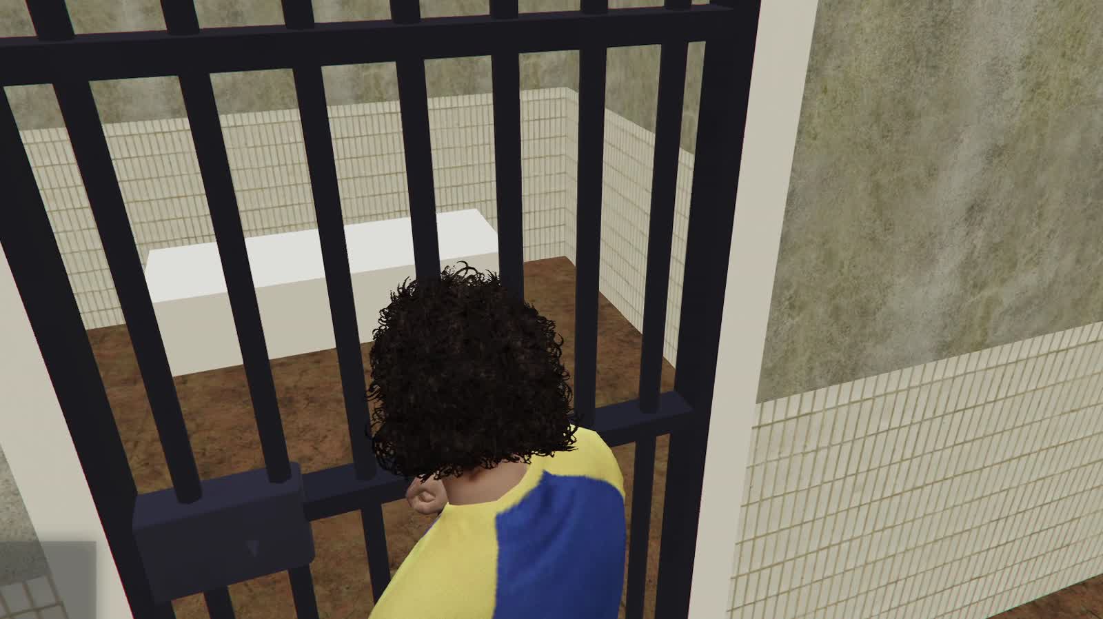 In game: looking through a barred cell door into a tiled cell with a bunk