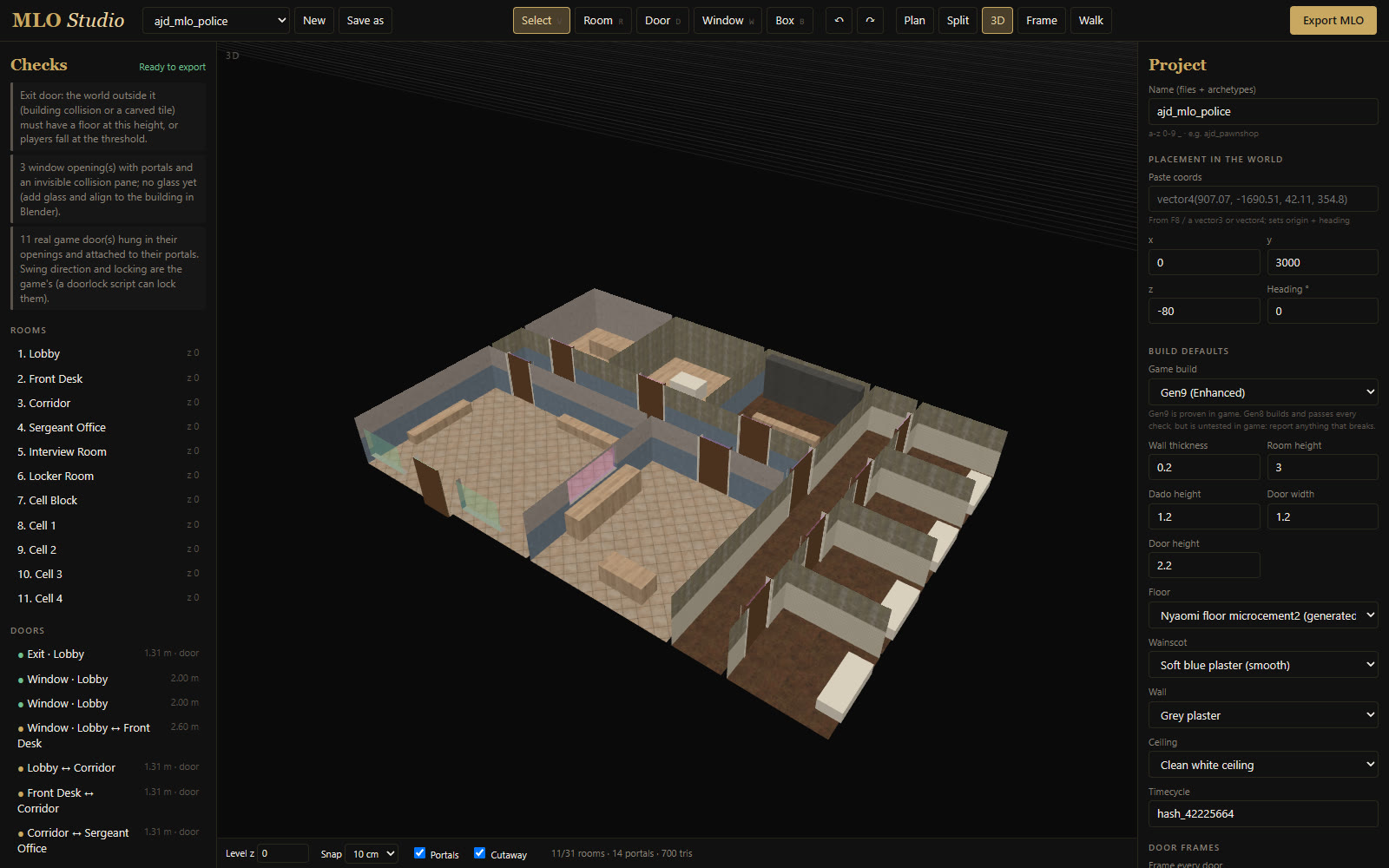 MLO Studio 3D view of an eleven-room police station with a lobby, front desk, offices, a corridor and four cells