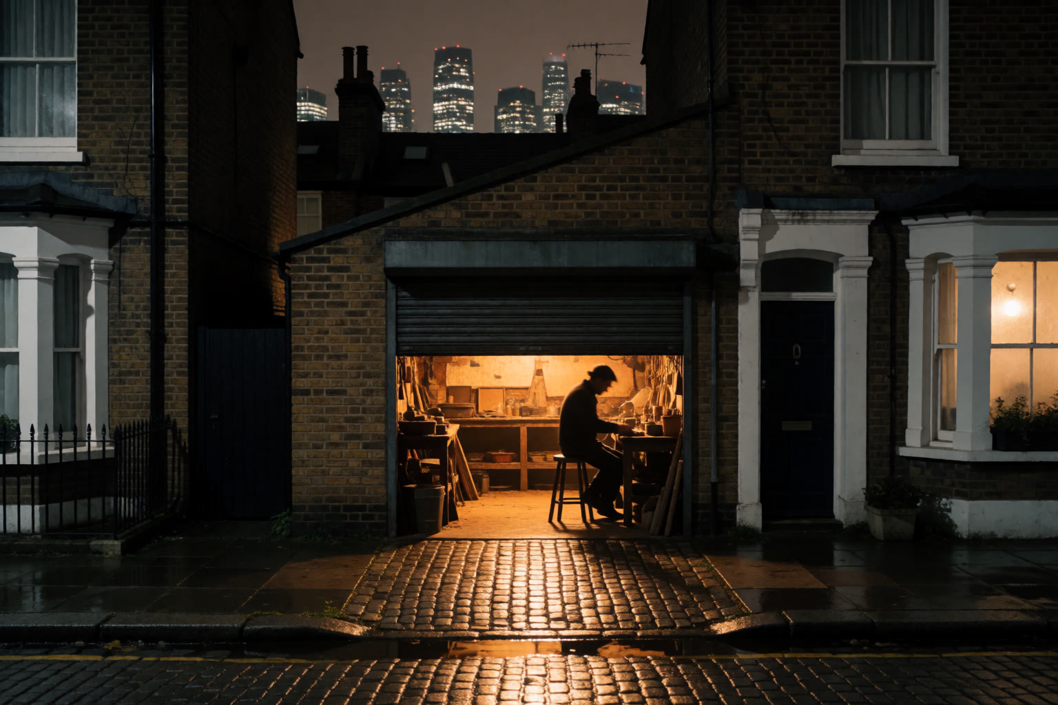 A small brick workshop on a North London street at night, amber light spilling from the half-open roller door