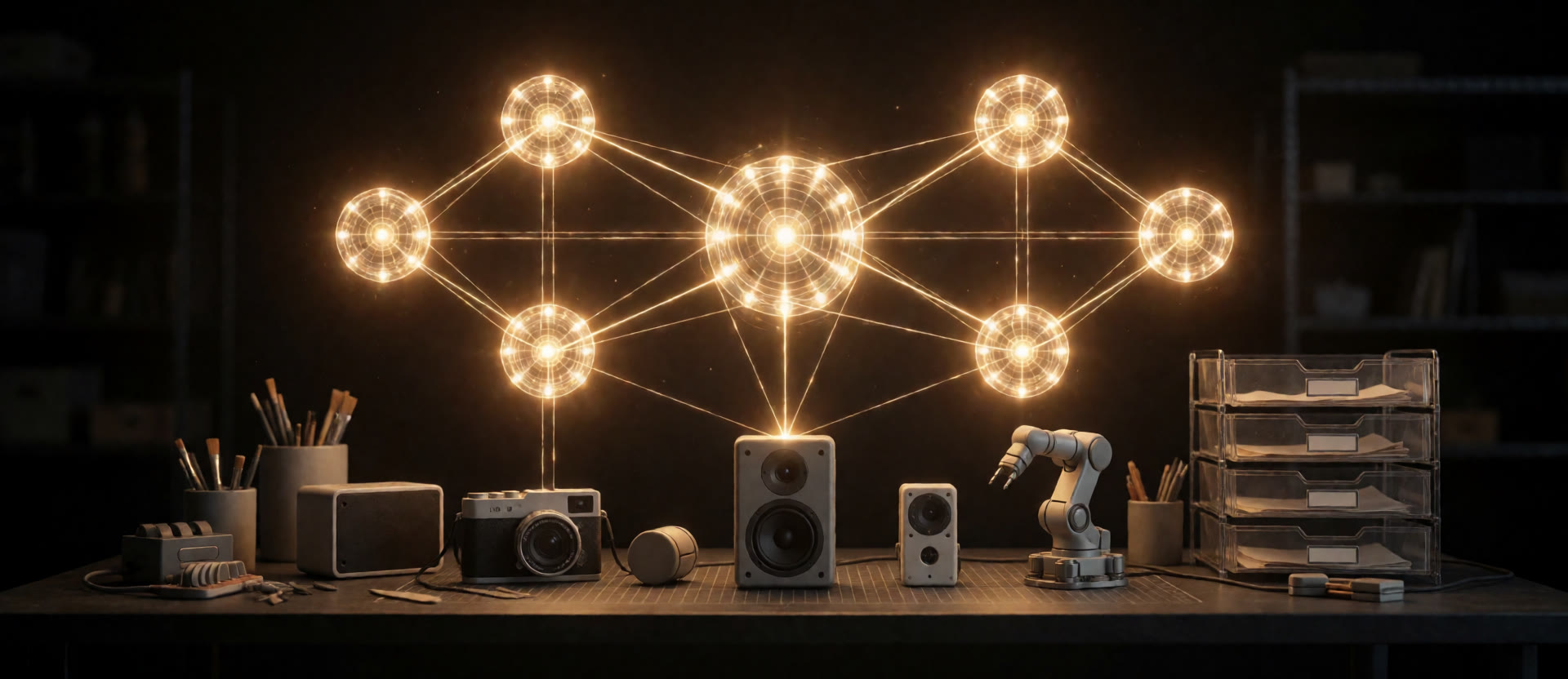 A glowing amber node graph of an automation workflow floating above a workbench, each node wired to a real machine below