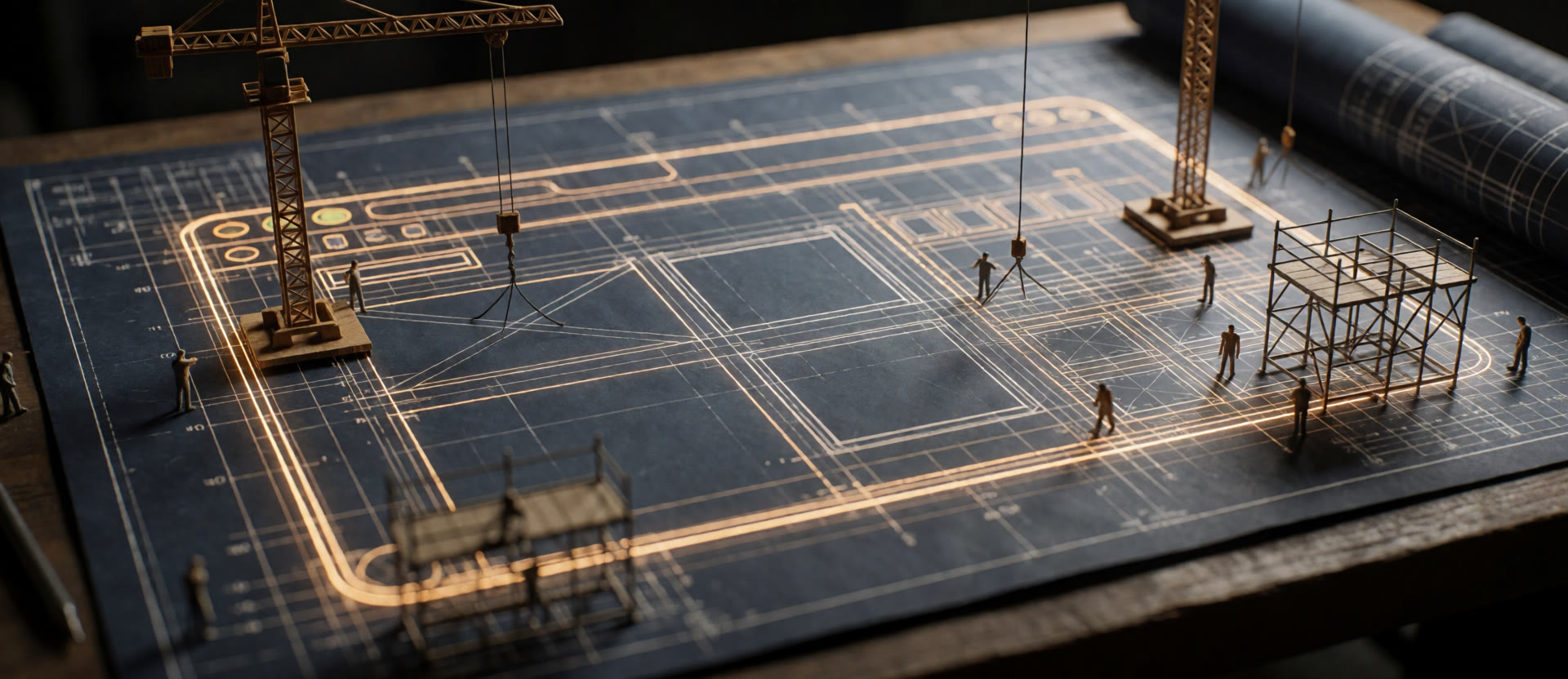An architectural blueprint of a browser window under construction, with miniature cranes, scaffolding and builders working on the layout grid