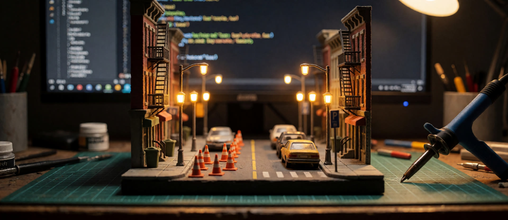 A miniature night-time city street diorama with amber streetlamps on a game developer's workbench, Lua code on a monitor behind