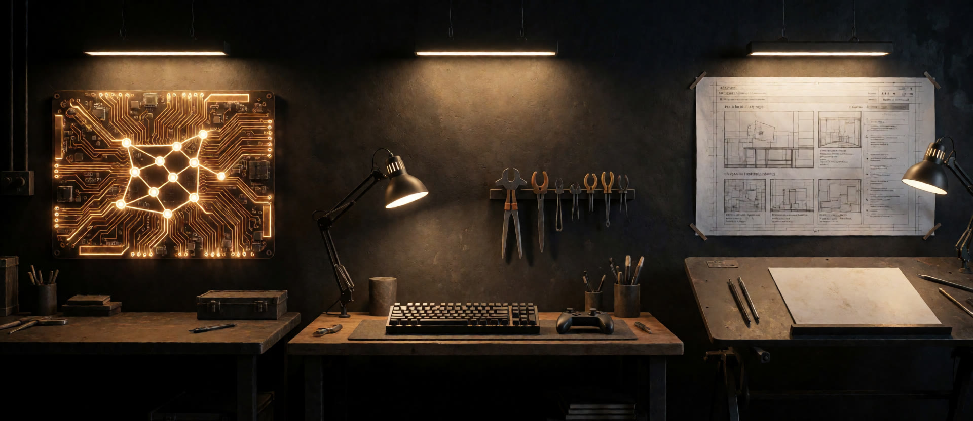 A dark workshop wall with three workstations: a glowing neural circuit board, a keyboard and game controller, and a webpage blueprint on a drafting desk